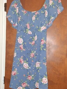 Pixi Blue Floral Off-Shoulder Dress with Pink Roses